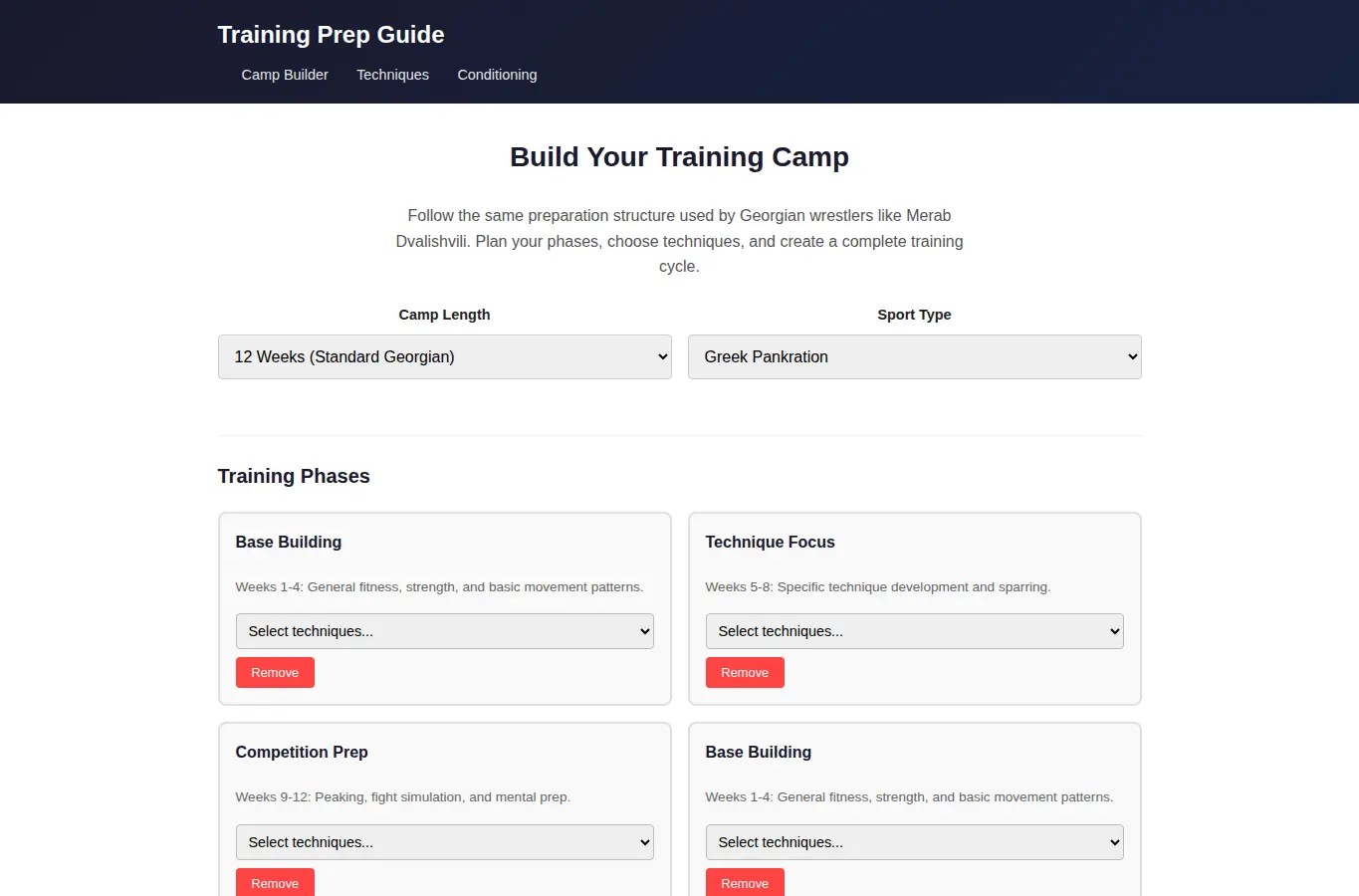 Screenshot of Merab Dvalishvili Training Prep Guide interface showing the project page in use